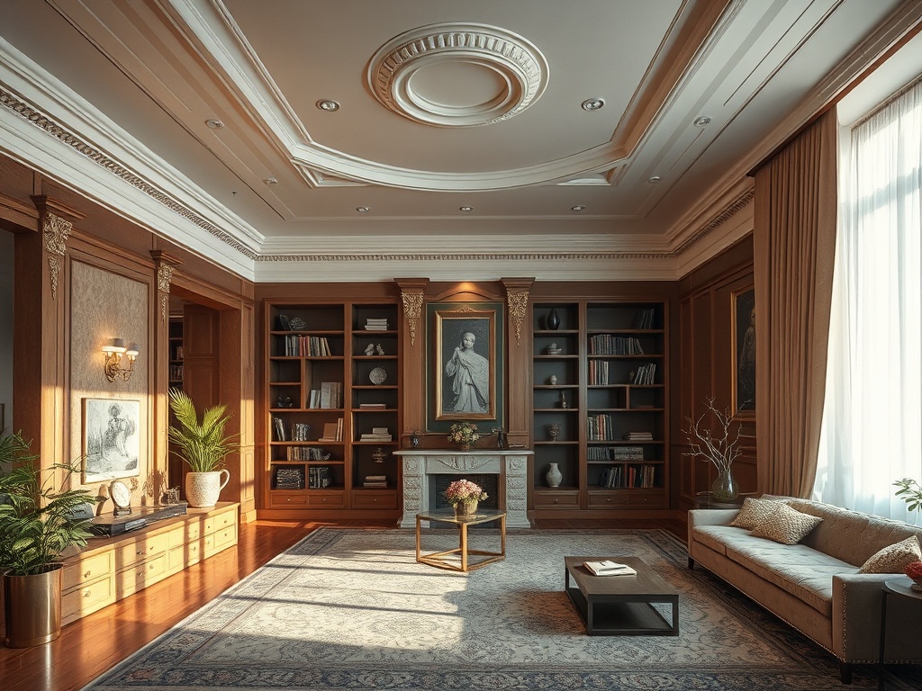 Современный кабинет с книжными полками, уютным диваном и элегантной отделкой. Светлое и стильное пространство.