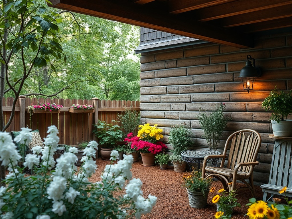 Уютный уголок с цветами, креслом и столом на веранде, окруженный зеленью и фоном из дерева.