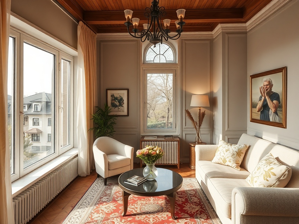 Уютная комната с большими окнами, диваном, столиком и картиной на стене. Светлое, теплое освещение.