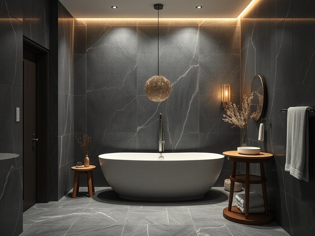 Современная ванная комната с черной каменной отделкой и белой ванной, мягкое освещение и стильные аксессуары.