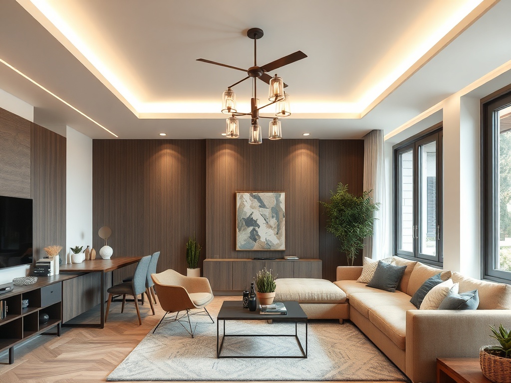 Современный интерьер гостиной с уютной мебелью, большими окнами и мягким освещением.