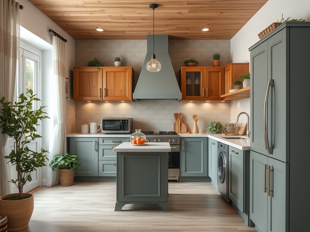 Современная кухня с деревянными шкафами, бытовой техникой и зелеными растениями, светлое и уютное пространство.