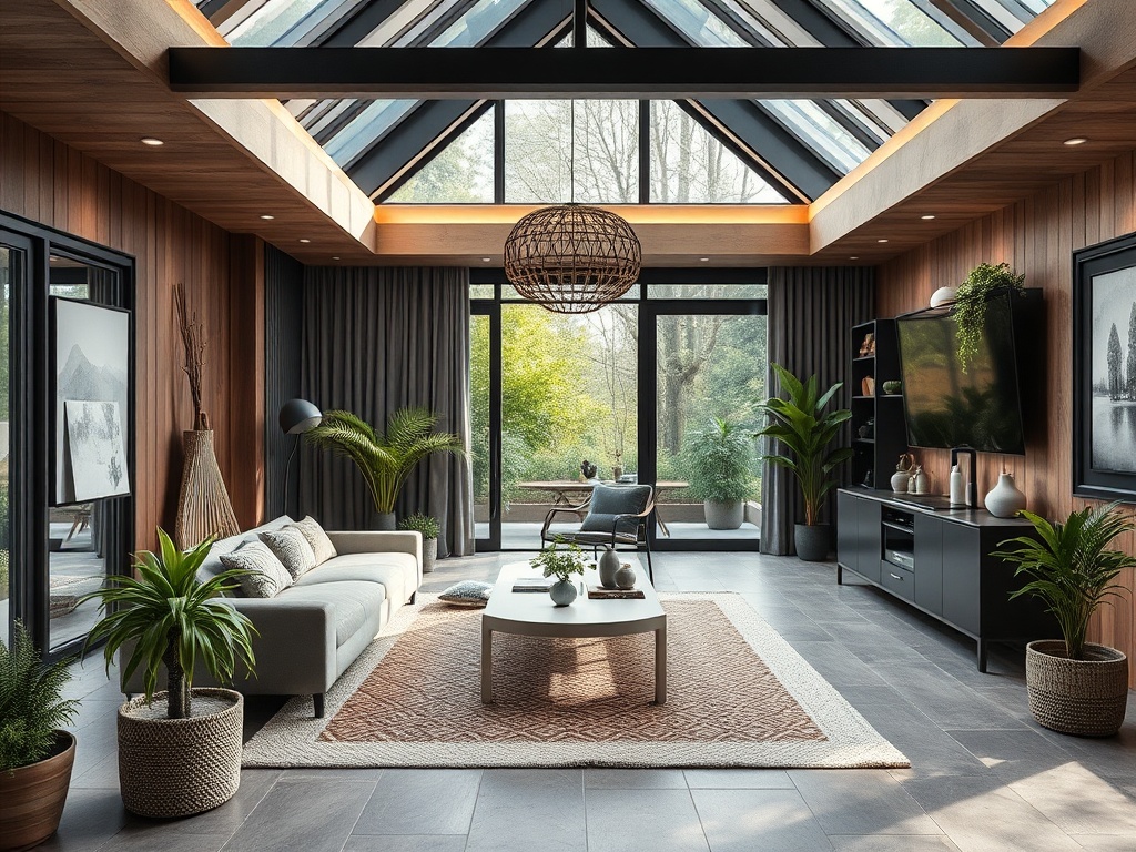 Современный светлый салон с большими окнами, зелеными растениями и уютной мебелью.