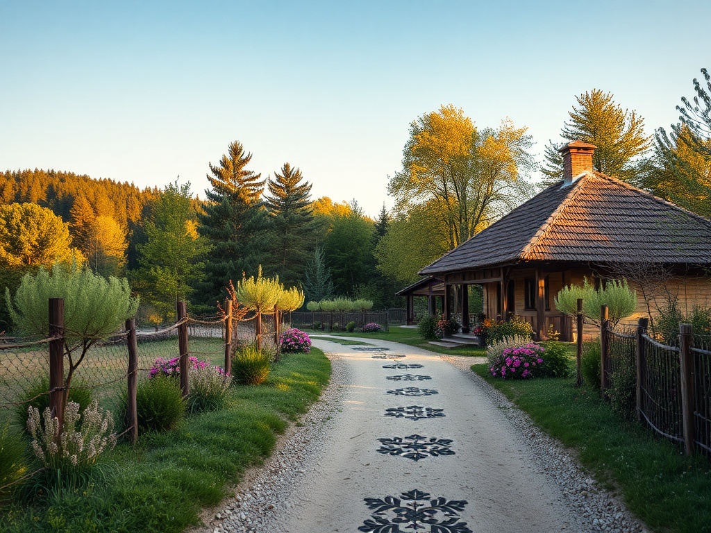 Дорога к уютному дому в окружении зелёных деревьев и цветущих кустарников. Солнечный день.