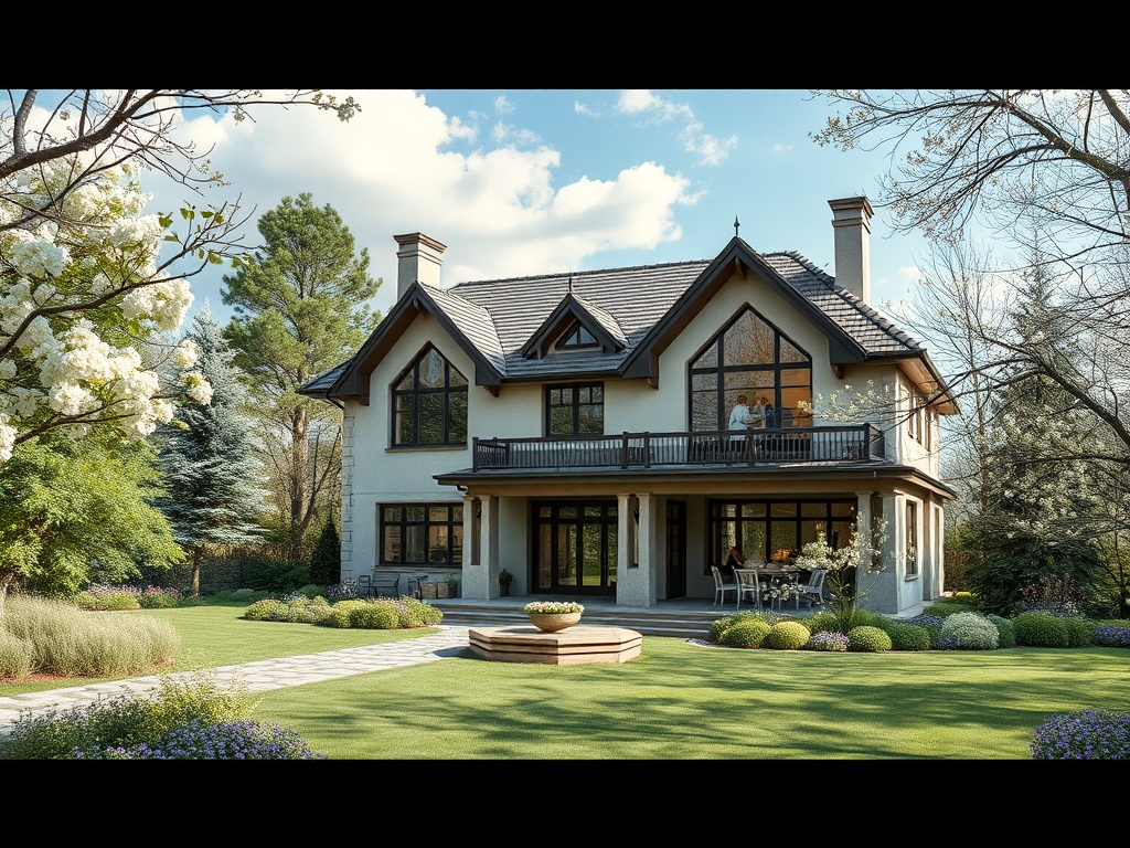 Современный дом с большими окнами, окружённый зелёным садом и цветами, на фоне ясного неба.