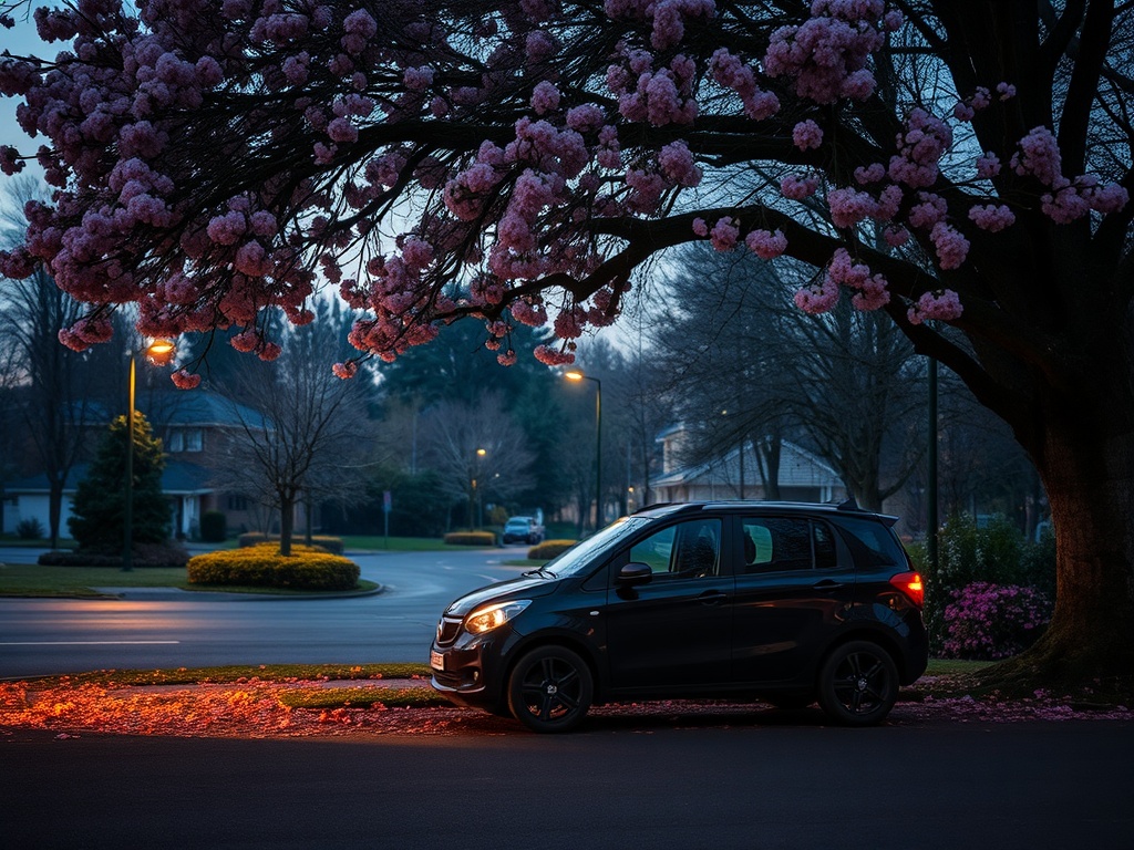 Черная машина припаркована под цветущим деревом, фонари мягко освещают улицу в прохладный вечер.