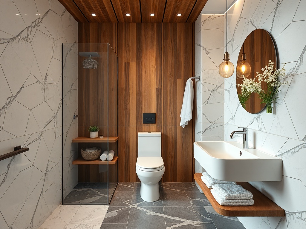 Современная ванная комната с плиткой, деревянными акцентами и стеклянным душем. Уютное освещение и стильная мебель.