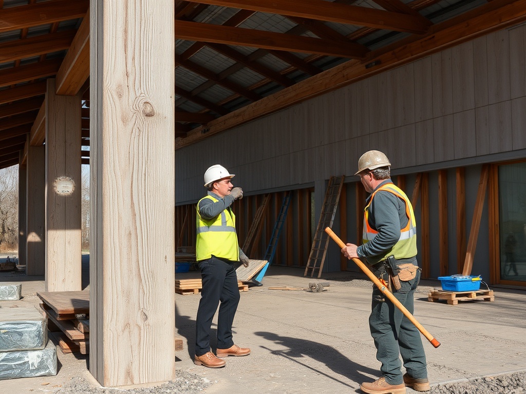 Два строителя обсуждают работу на строительной площадке, окруженной деревянной конструкцией.
