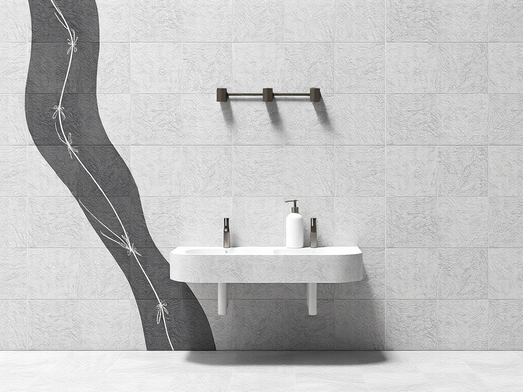 Современная ванная с раковиной и декором в виде зеленых растений на стене. Светлые тона и минимализм.