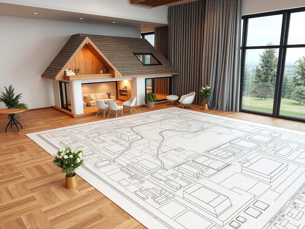 Современный интерьер с макетом поселка на полу и уютным домиком в углу комнаты. Большие окна с видом на природу.