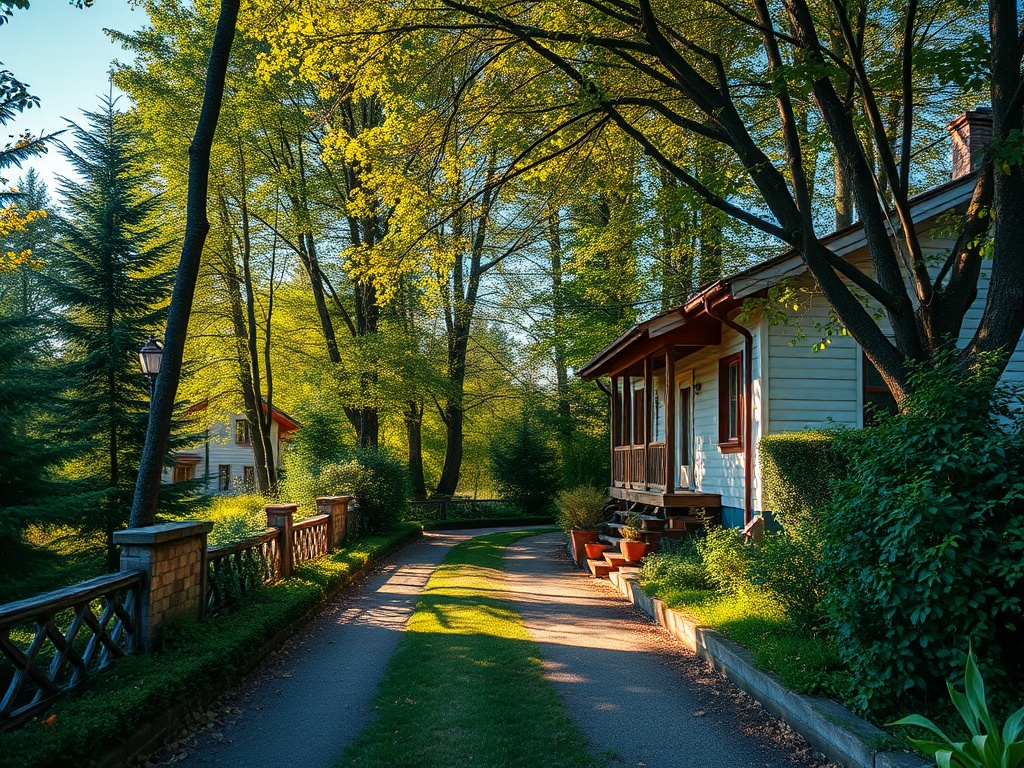 Солнечный день, красивые дома и зелёные деревья вдоль спокойной дорожки в тихом пригороде.