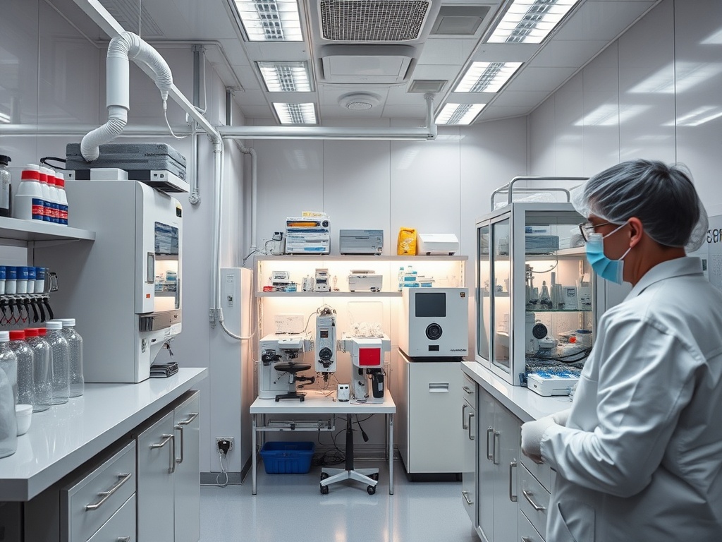 Современная лаборатория с приборами, реагентами и исследовательом в защитной маске.