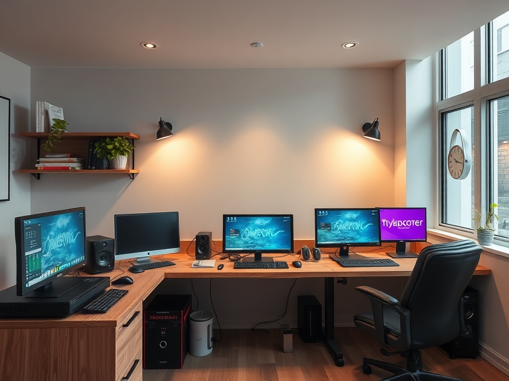 Уютный офис с тремя компьютерами, зеленым растением и удобным креслом у окна.