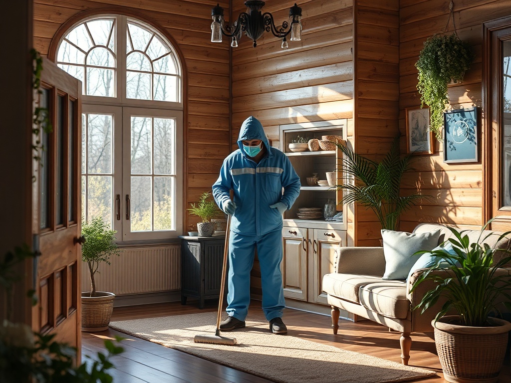 Человек в синем комбинезоне убирает в светлой комнате с растениями и деревянными стенами.