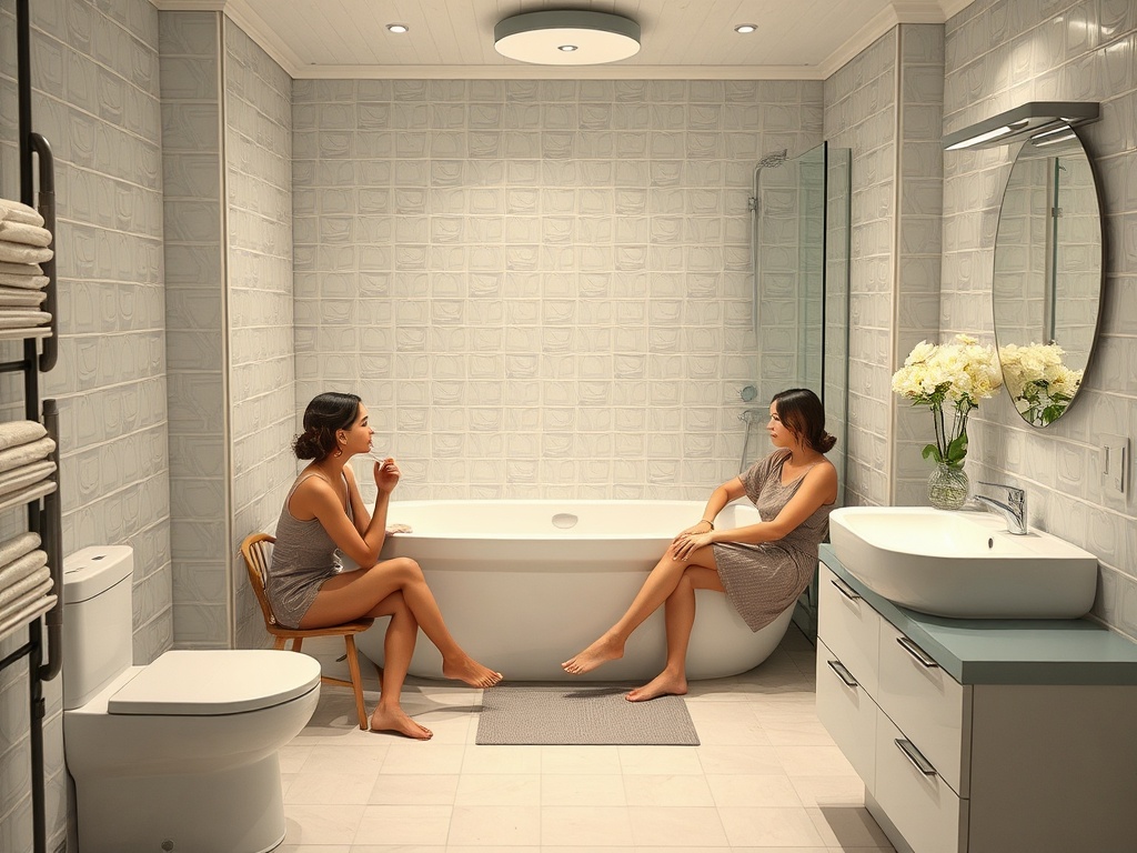 Две женщины в стильной ванной комнате, уютно беседуют у ванны и наслаждаются атмосферой.