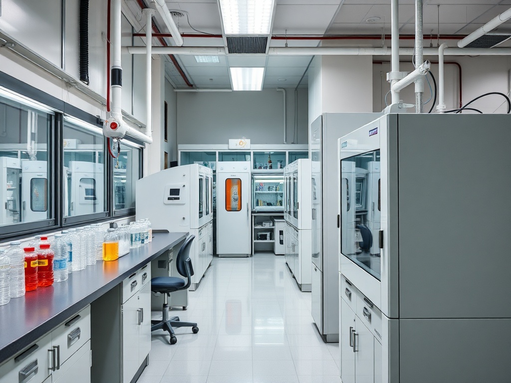 Современная лаборатория с оборудованием, столом и флаконами различной жидкости на столе.