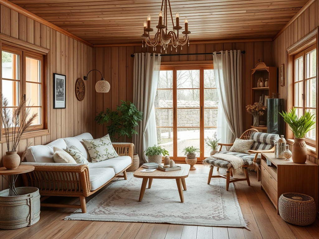 Уютная гостиная с деревянными стенами, окнами и растениями, оформленная в светлых тонах.