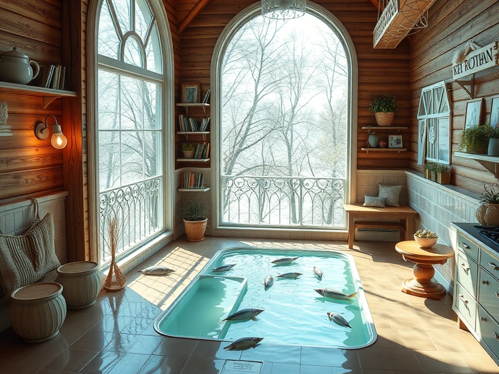 Идиллический интерьер с ванной, водой и рыбой, уютом и окном с видами на зиму. Солнечные лучи проникают внутрь.