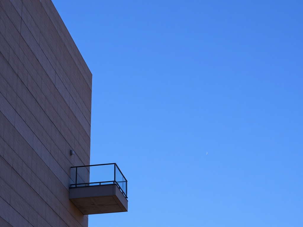 Чистое голубое небо и балкон с прозрачным ограждением на фоне стены здания.