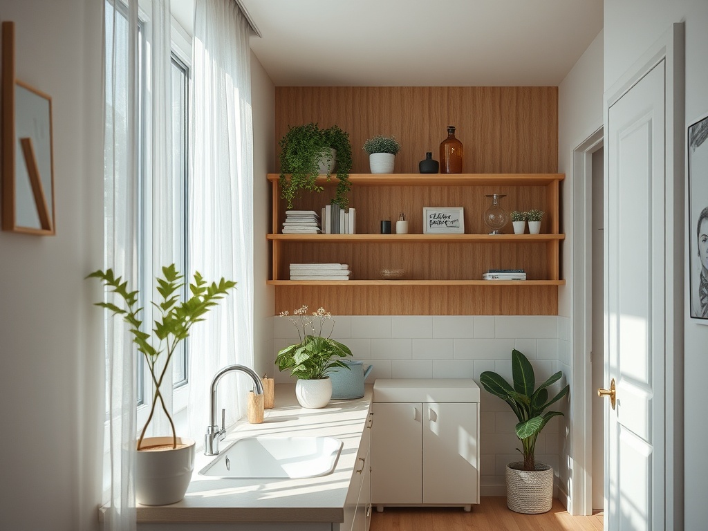 Кухня с современной мебелью, растениями на полках и светлыми занавесками. Уютная и стильная обстановка.