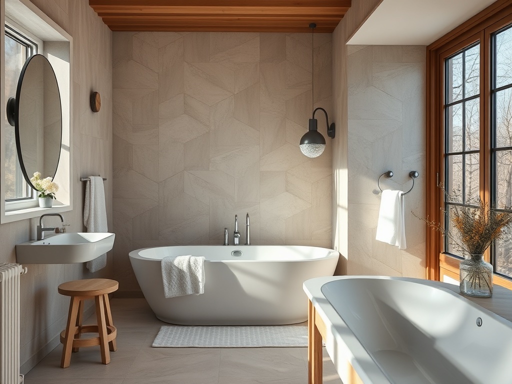 Современная ванная комната с ванной, раковиной и деревянными элементами, наполненная естественным светом.