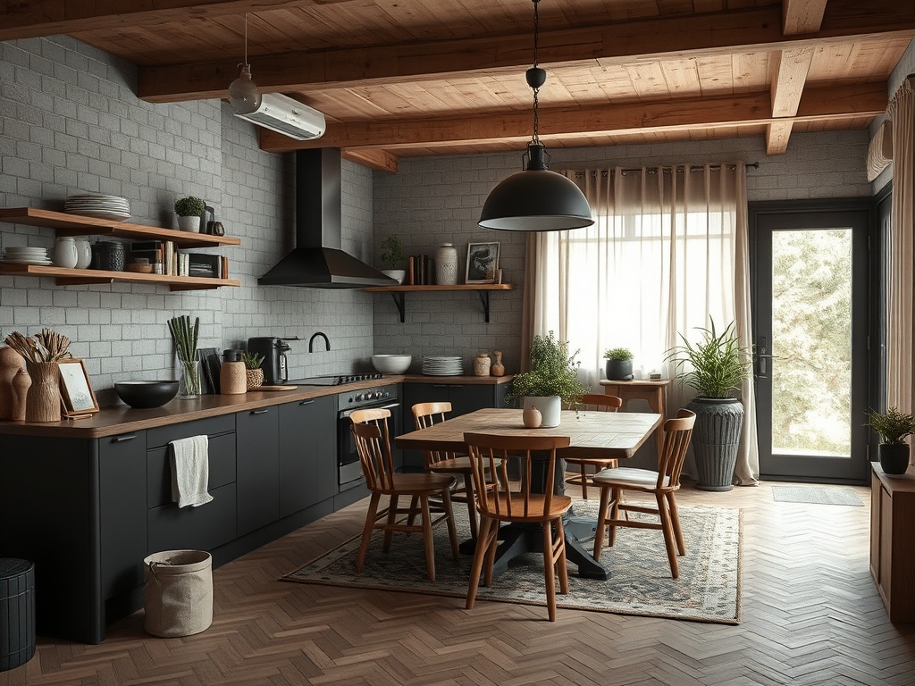 Современная кухня с деревянными полами, столом, стульями и растениями на светлом фоне.