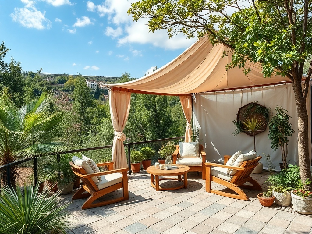 Уютная открытая терраса с деревянной мебелью, растениями и навесом под ярким небом.