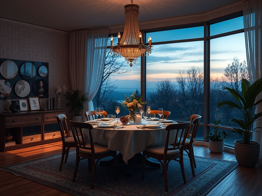 Уютный обеденный стол под красивой люстрой с видом на закат через большие окна.